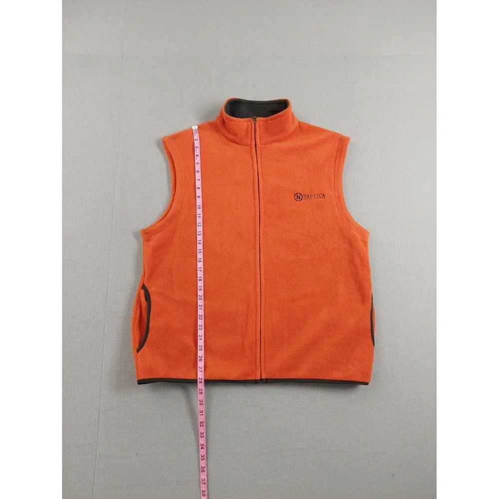 Nautica Men Vest XL Orange Fleece Zip Up Reversible Side Pockets Logo Outerwear